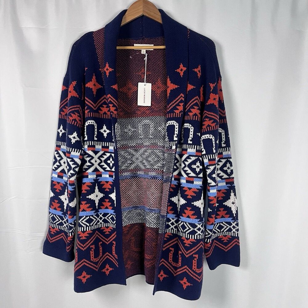 Lucky Brand Navy Red White Blue Patterned Open Front Cardigan
